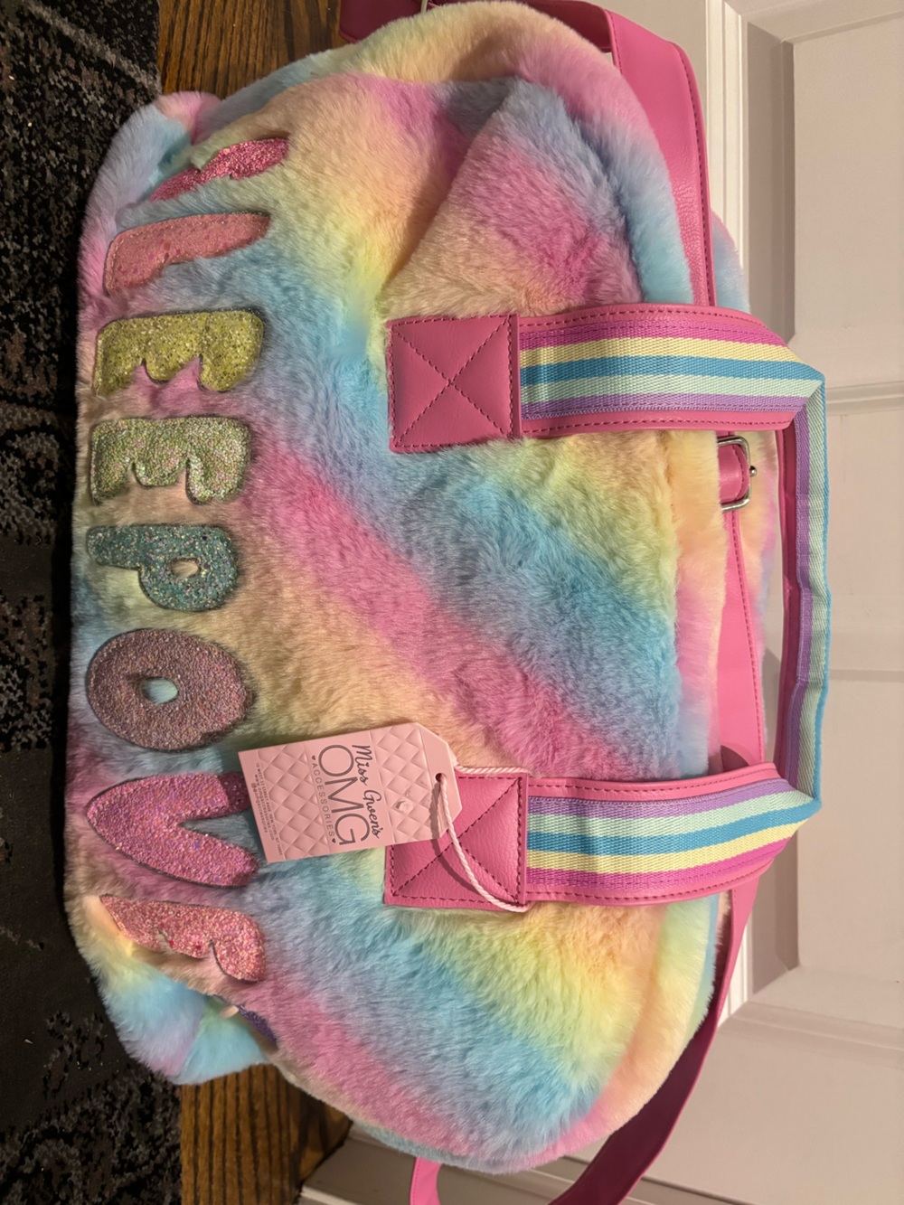 Miss Gwen’s Pastel Rainbow Furry Shoulder Bag - Pink Accent “SLEEPOVER” Bag